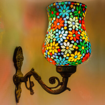 DEVBEADS Mosaic Glass Wall Sconce, Decorative Floral Pattern, Multicoloured Lamp Shade with Bronze Metal Bracket